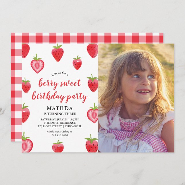 Berry Sweet Strawberry Girl Birthday Invitation (Front/Back)