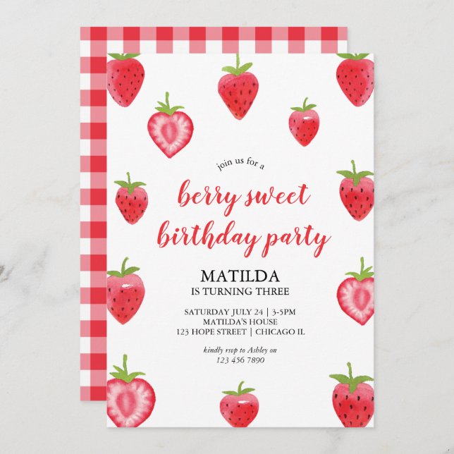Berry Sweet Strawberry Girl Birthday Invitation (Front/Back)