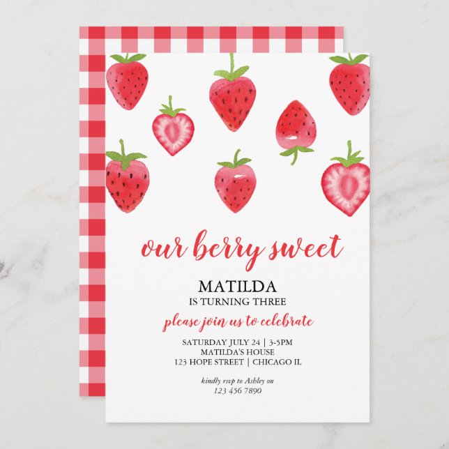 Berry Sweet Strawberry Girl Birthday Invitation (Front/Back)