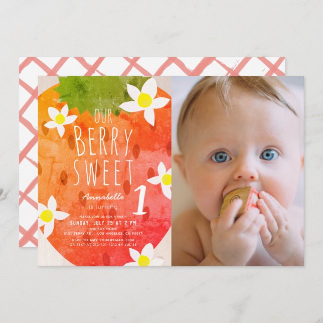 Berry Sweet Strawberry Girl Photo 1st Birthday Invitation (Front/Back)