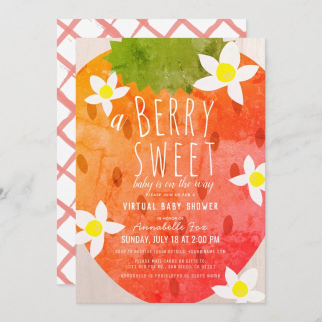 Berry Sweet Strawberry Girl Virtual Baby Shower Invitation (Front/Back)