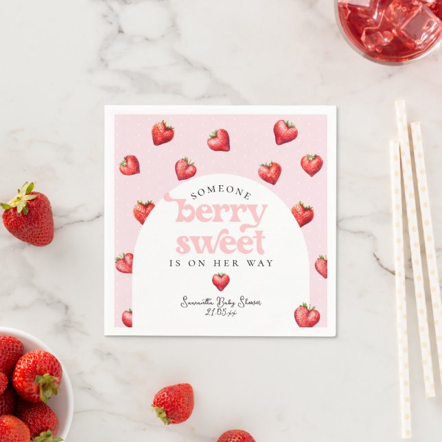 Berry Sweet Strawberry Heart Girl Baby Shower   Napkin (Insitu)