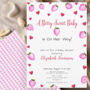 Berry Sweet Strawberry Hearts Girl Baby Shower  Invitation
