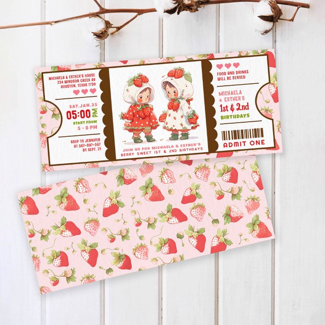 Berry Sweet Strawberry joint birthday ticket Invitation (Creator Uploaded)