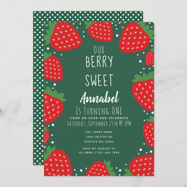 Berry Sweet Strawberry Kids 1st Birthday Invitation (Front/Back)
