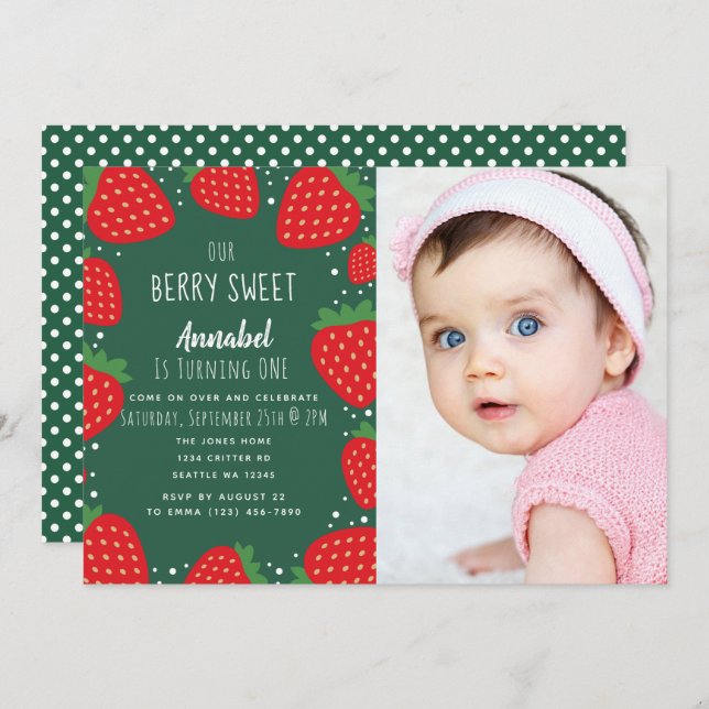 Berry Sweet Strawberry Kids 1st Birthday Photo Invitation (Front/Back)