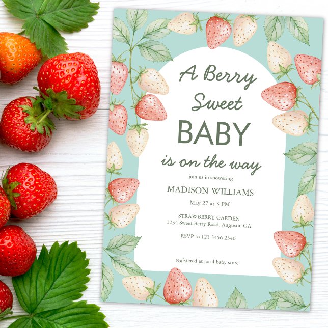 Berry Sweet Strawberry Mint Green Baby Shower  Invitation (Creator Uploaded)