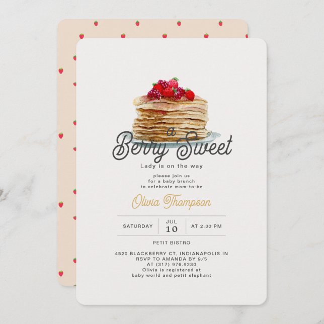 Berry Sweet Strawberry Pancakes Brunch Baby Shower Invitation (Front/Back)