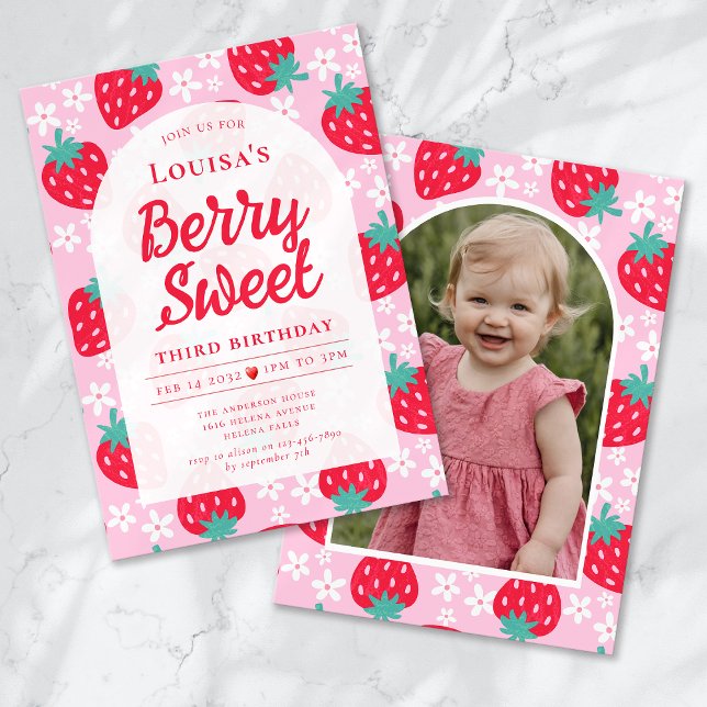 Berry Sweet Strawberry Photo Birthday Party Invitation (Creator Uploaded)