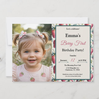 Berry Sweet Strawberry Picnic Photo Birthday Invitation