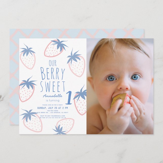 Berry Sweet Strawberry Pink 1st Birthday Photo Invitation (Front/Back)
