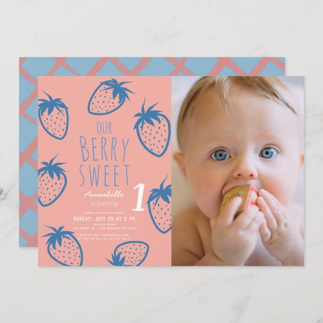 Berry Sweet Strawberry Pink 1st Birthday Photo Invitation (Front/Back)