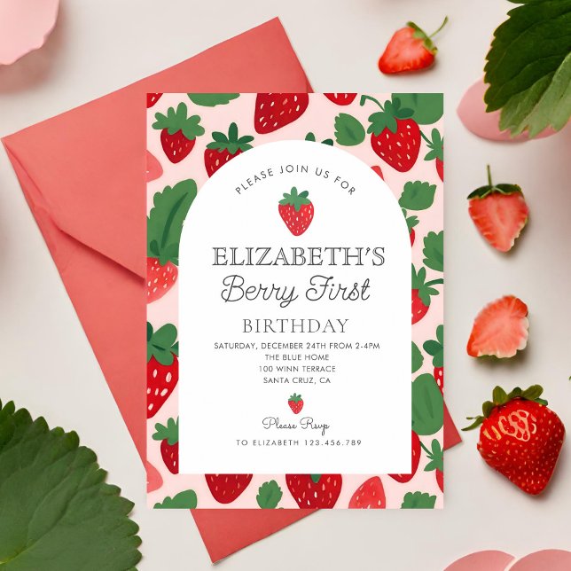 Berry Sweet Strawberry Pink Berry First Birthday Invitation (Creator Uploaded)