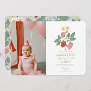 Berry Sweet Strawberry Pink Berry First Birthday Invitation