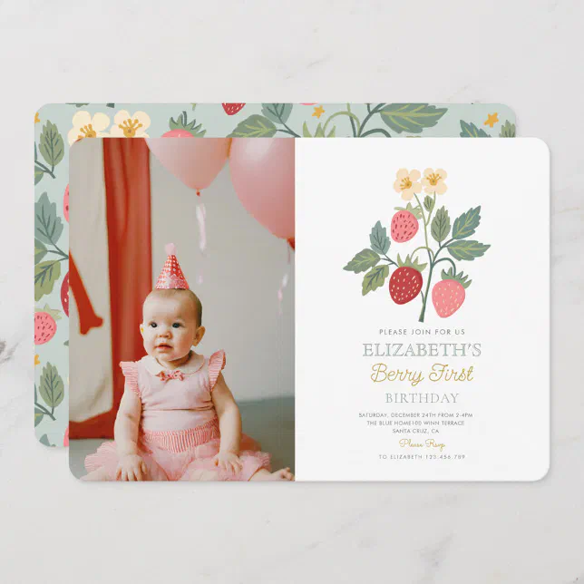 Berry Sweet Strawberry Pink Berry First Birthday Invitation | Zazzle