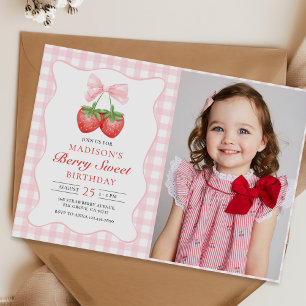 Berry Sweet Strawberry Pink Bow Birthday Photo Invitation