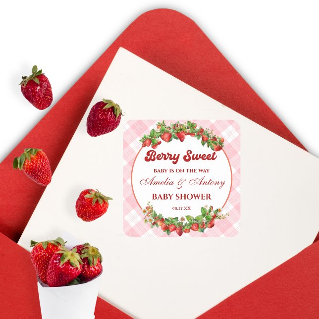 Berry Sweet Strawberry Pink Gingham Baby Shower  Square Sticker (Creator Uploaded)