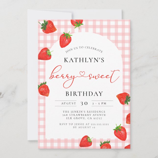 Berry Sweet Strawberry Pink Girl Birthday Invitation (Front)