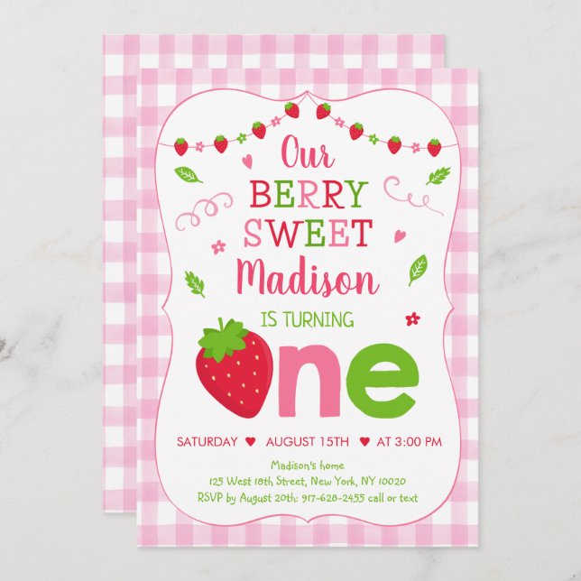 Berry Sweet Strawberry Pink Green First Birthday Invitation (Front/Back)