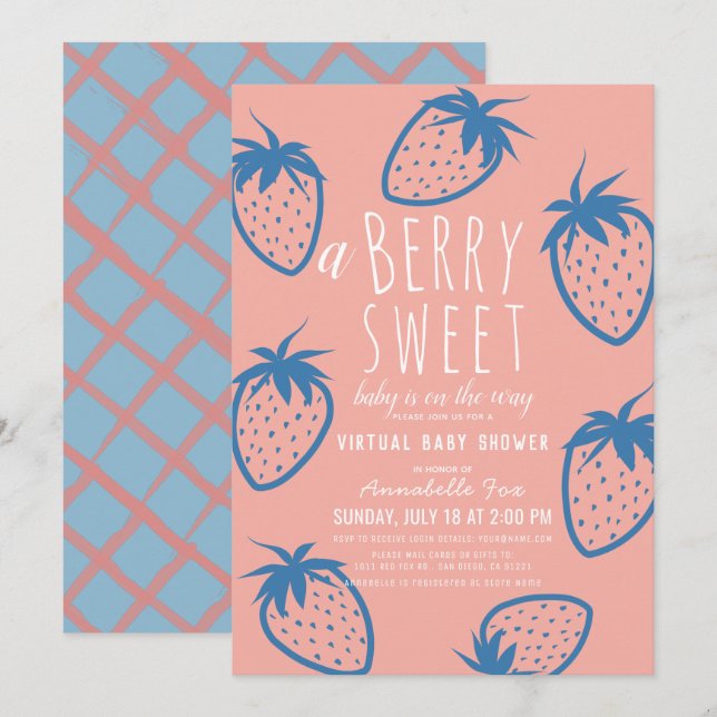 Berry Sweet Strawberry Pink Virtual Baby Shower Invitation (Front/Back)