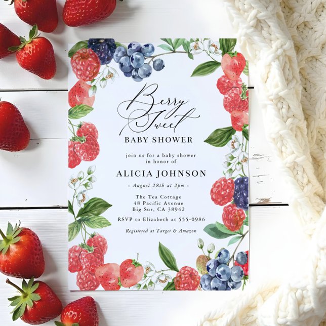 Berry Sweet Strawberry Red Blue Baby Shower Invitation (Creator Uploaded)