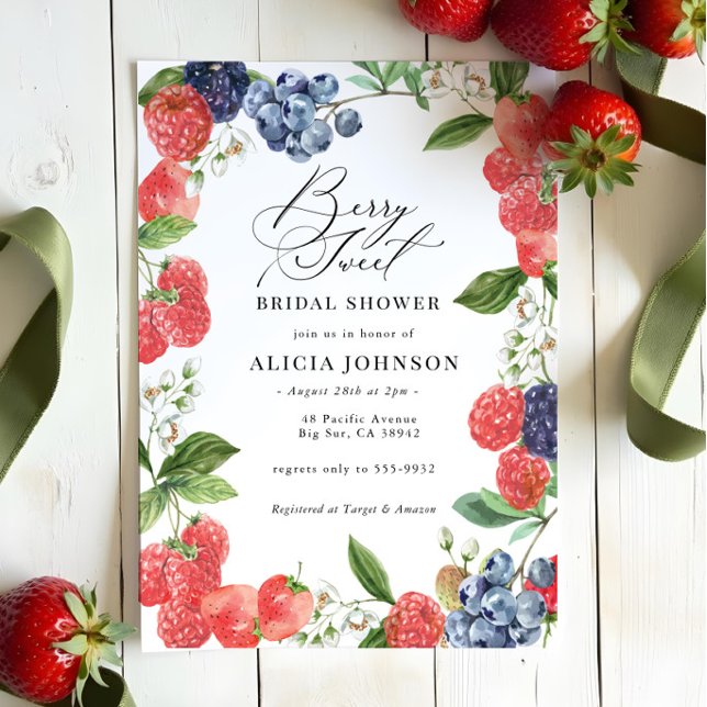 Berry Sweet Strawberry Red Blue Bridal Shower Invitation (Creator Uploaded)