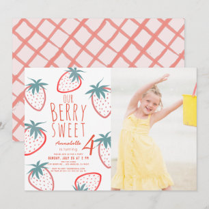Berry Sweet Strawberry Red White Photo Birthday Invitation