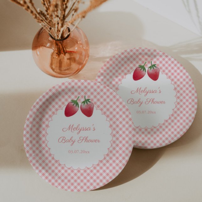 Berry Sweet Strawberry Themed Baby Shower Party Paper Plate (Berry Sweet Girl Strawberries baby shower or birthday party paper plates)