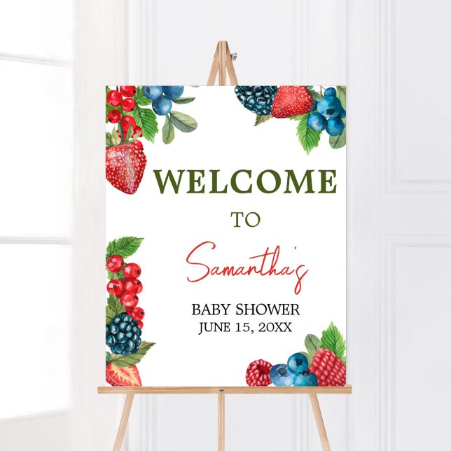 Berry Sweet Summer Baby Shower Welcome Poster (Red and Blue Berries Baby Shower Welcome Sign)
