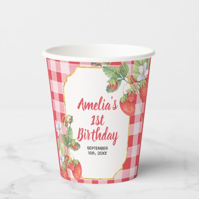 Berry Sweet Watercolor Strawberry 1st Birthday Paper Cups (Front)