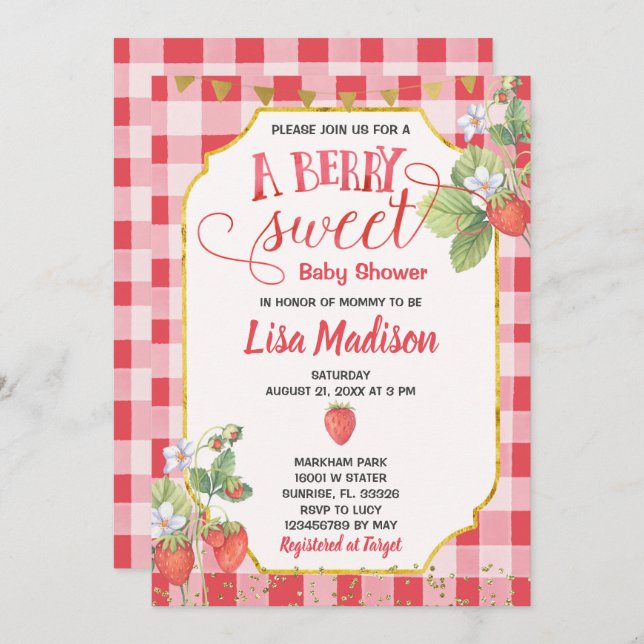 Berry Sweet Watercolor Strawberry Baby Shower Invitation (Front/Back)