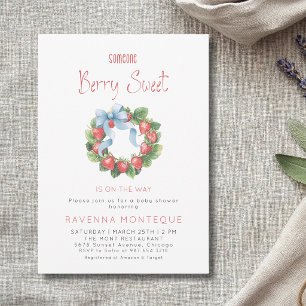Berry Sweet Wreath Strawberry Bow Baby Shower  Invitation