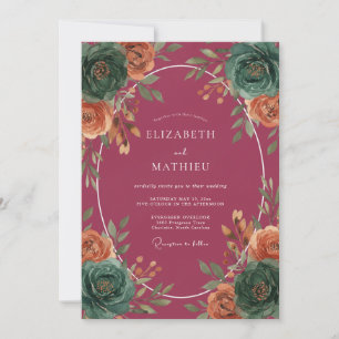Berry Teal Wreath Wedding Invitation