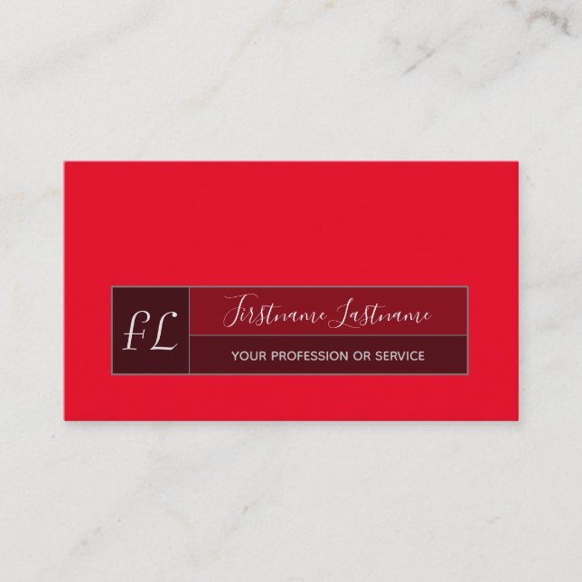 Berry tones calligraphy grey rectangle monogram business card (Front)