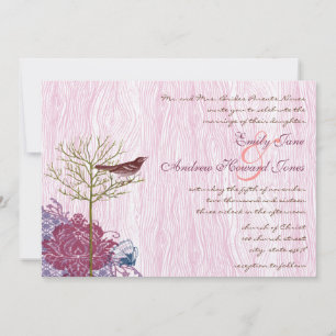 Berry Vintage Bird on WoodGrain Wedding Invitation