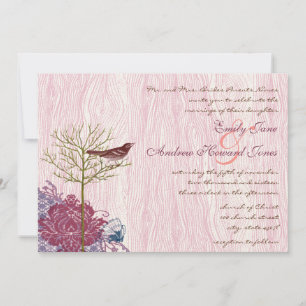 Berry Vintage Bird on WoodGrain Wedding Invitation