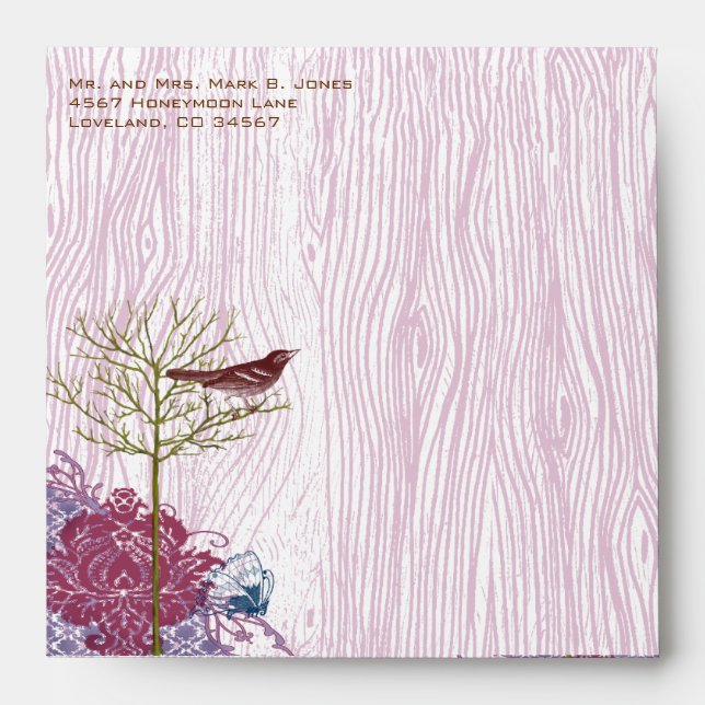Berry Vintage Wood Grain Tree Bird Damask Envelope (Front)