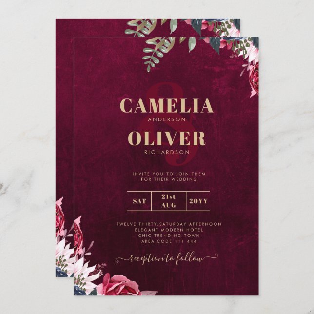 Berry Wine Floral Wedding  Invitation (Front/Back)