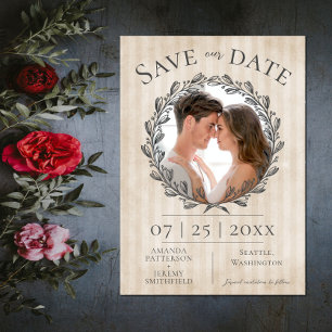 Berry Wreath and Stripes Photo Beige Save The Date