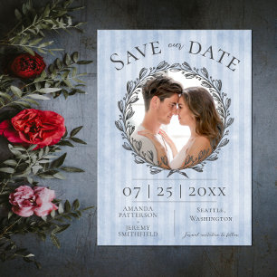Berry Wreath and Stripes Photo Blue Save The Date