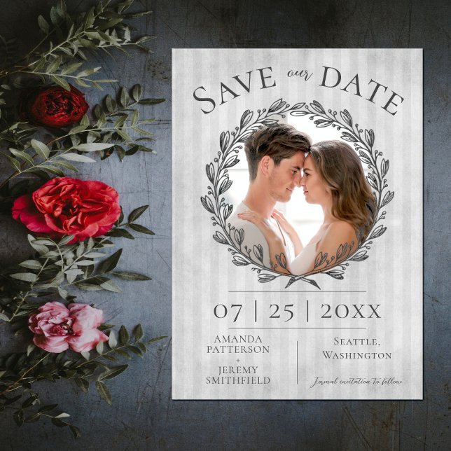Berry Wreath and Stripes Photo | Grey Save The Date (Berry Wreath and Stripes Photo Save the Date - Gray)