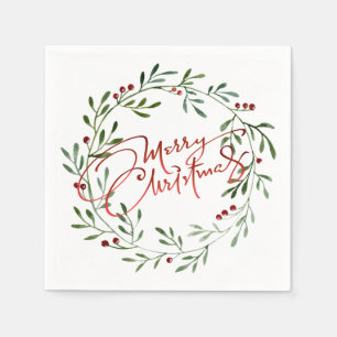 Berry Wreath Gradient Red Script Merry Christmas Napkin