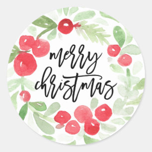 Berry Wreath Merry Christmas Watercolor Classic Round Sticker