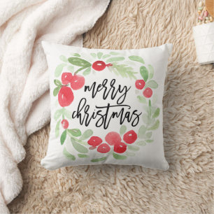 Berry Wreath Merry Christmas Watercolor Cushion