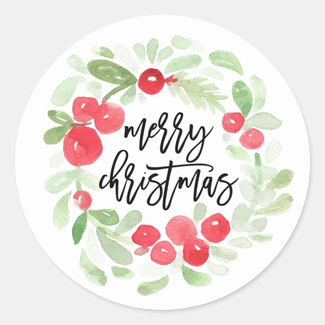 Berry Wreath Merry Christmas Watercolor Script Classic Round Sticker (Front)
