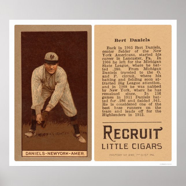 Bert Daniels Yankees Baseball 1912 Poster (Front)
