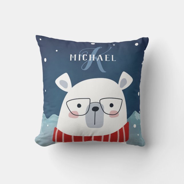 Bespectacled Polar Bear | Monogram Cushion (Front)
