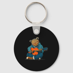 Bespectacled teddy with acoustic guitar costume key ring