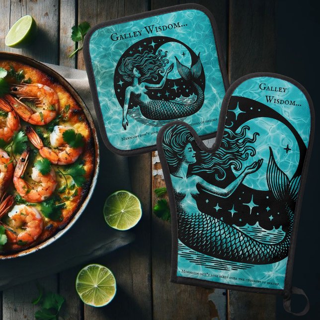 Bespoke Aqua Blue Mystical Mermaid Galley Wisdom Oven Mitt & Pot Holder Set (Creator Uploaded)
