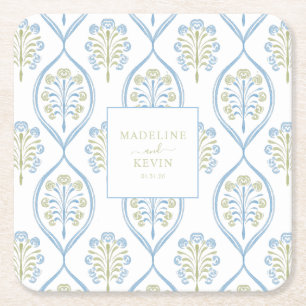 Bespoke Blue and Green Floral Wedding Pattern Square Paper Coaster